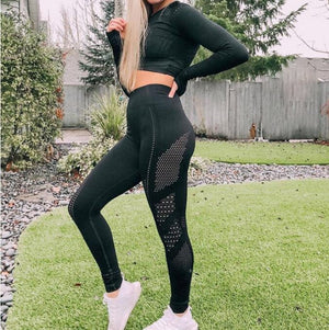 Women Seamless Yoga Sets High Waist Gym Mesh Leggings Shirts Suit Long Sleeve Fitness Workout Sports Running Thin Yoga Sets