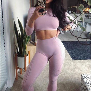 Women Seamless Yoga Sets High Waist Gym Mesh Leggings Shirts Suit Long Sleeve Fitness Workout Sports Running Thin Yoga Sets