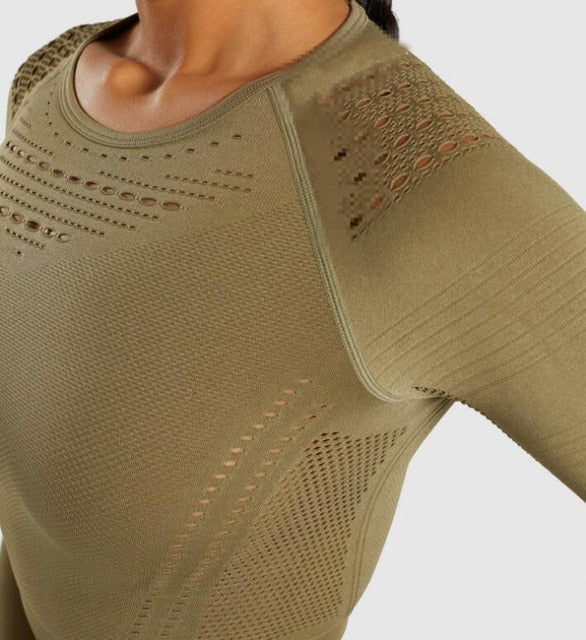 Women Seamless Yoga Sets High Waist Gym Mesh Leggings Shirts Suit Long Sleeve Fitness Workout Sports Running Thin Yoga Sets
