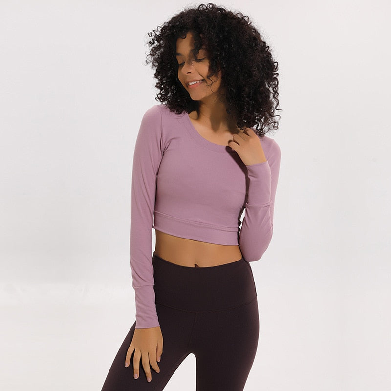 Women Gym Yoga Crop Tops Tights Shirts Long Sleeve Workout Tops Fitness Running Sport T-Shirts Training Yoga Sportswear Sexy