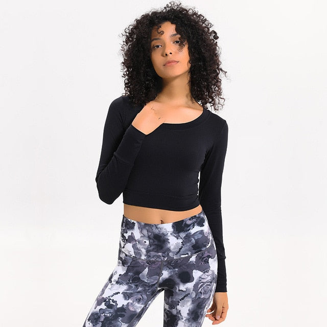 Women Gym Yoga Crop Tops Tights Shirts Long Sleeve Workout Tops Fitness Running Sport T-Shirts Training Yoga Sportswear Sexy
