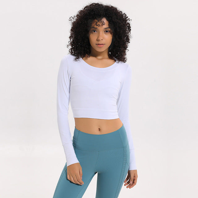 Women Gym Yoga Crop Tops Tights Shirts Long Sleeve Workout Tops Fitness Running Sport T-Shirts Training Yoga Sportswear Sexy