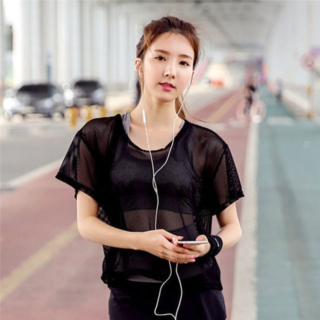 Women Sexy Mesh Yoga Shirt Quick Dry Sport Fitness Female Running Shirt Gym Clothes Tank Top Workout Exercises T-Shirt Sportwear